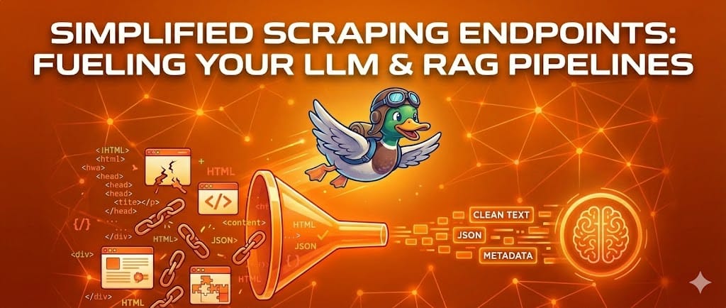 Illustration of the ScrapingDuck mascot simplifying the data pipeline from raw HTML code into clean text for LLM and RAG applications.